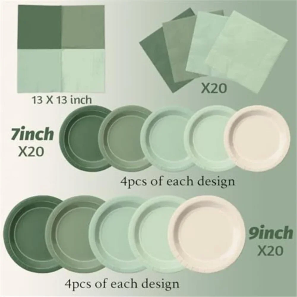 Sage Green Party Supplies 60pcs Plates and Napkins Baby Shower Birthday Wedding